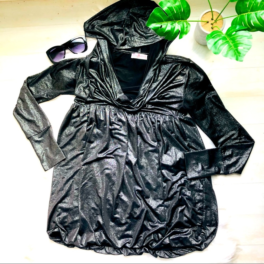 Like-New Kira Plastinina Black Metallic Sparkly Cowl Neck Russian Hooded Top. L